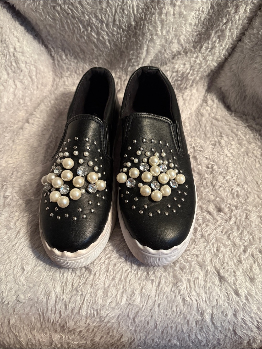 BAMBOO Black Slip-On Pearl & Rhinestone Sneakers